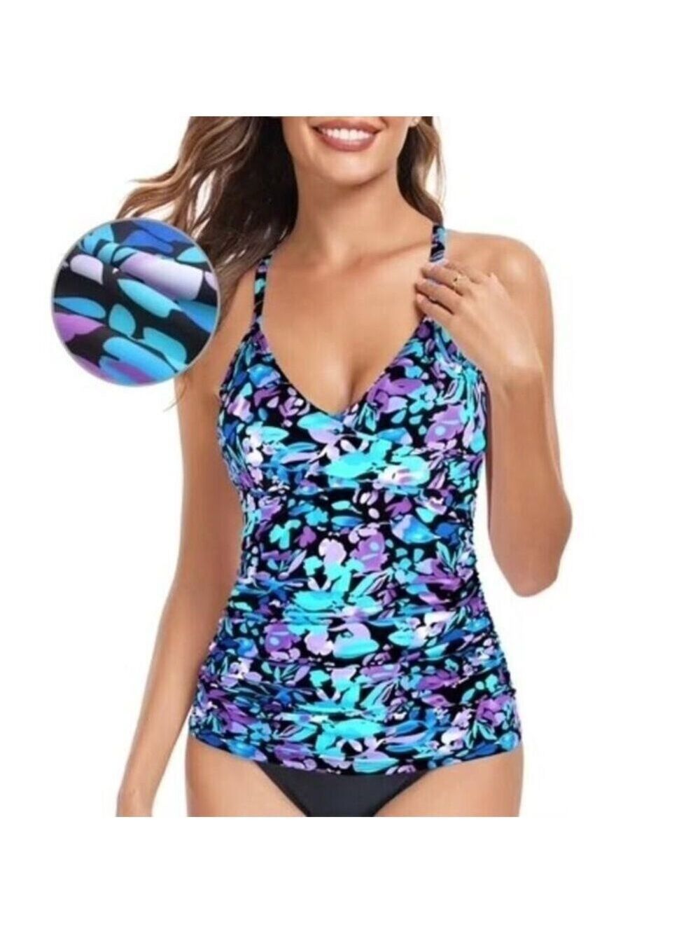 ✨RELLECIGA Blue Purple Floral Push Up Twist Tankini Top Large NWT